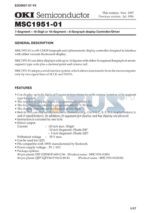 MSC1951-01RS datasheet - 7-segment x 16-digit or 16-segment x 6-bargraph display controller/driver