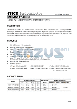 MSM5117400D-50SJ datasheet - 4,194,304-word x 4-bit dynamic RAM