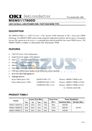 MSM5117800D-50TS-L datasheet - 2,097,152-word x 8-bit dynamic RAM