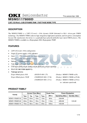 MSM5117800D-60TS-L datasheet - 2,097,152-word x 8-bit dynamic RAM
