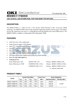 MSM5117805D-50TS-L datasheet - 2,097,152-word x 8-bit dynamic RAM