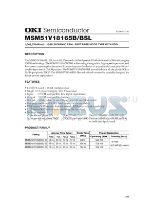 MSM51V18165BSL-60JS datasheet - 1,048,576-word x 16-bit dynamic RAM