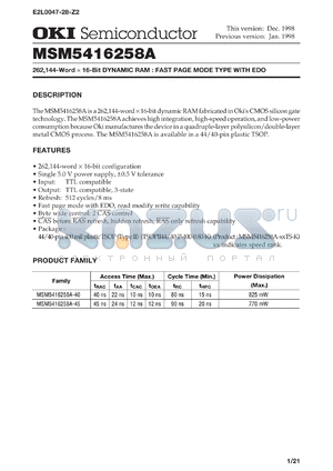 MSM5416258A-40TS-K datasheet - 262,144-word x 16-bit dynamic RAM