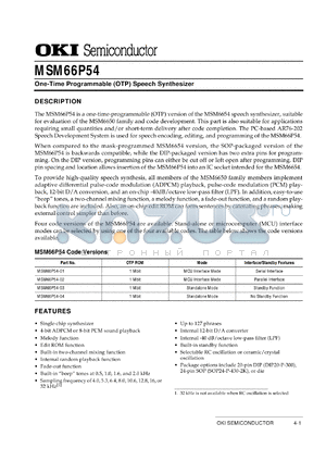 MSM66P54-04 datasheet - One-time programmable (OTP) speech synthesizer