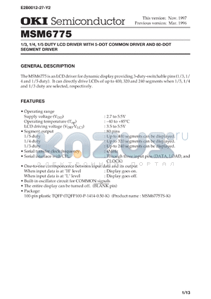 MSM6775TS-K datasheet - 1/3,1/4,1/5 duty LCD driver with 5-dot common driver and 80-dot segment driver
