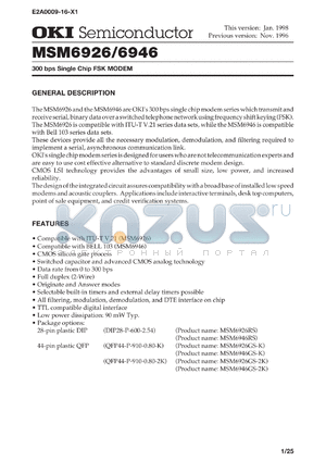 MSM6946RS datasheet - 300 bps single chip FSK MODEM