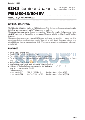 MSM6948RS datasheet - 1200 bps single chip MSK MODEM