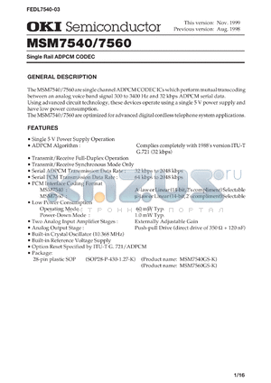 MSM7560GS-K datasheet - Single ADPCM CODEC