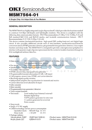 MSM7564-01JS datasheet - A single chip 14,4 kbps data & fax modem