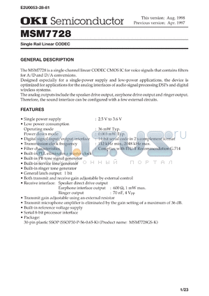 MSM7728GS-K datasheet - Single rail lenear CODEC