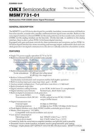 MSM7731-01GA datasheet - Multifunction PCM CODEC (voice signal processor)