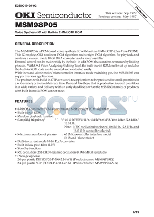 MSM98P05GS-K datasheet - Voice synthesis IC with built-in 2Mbit OTR ROM