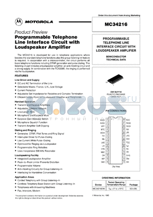 MC34216DW datasheet - Programmable telephone line interface circuit