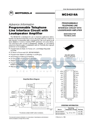 MC34216ADW datasheet - Programmable telephone line interface circuit