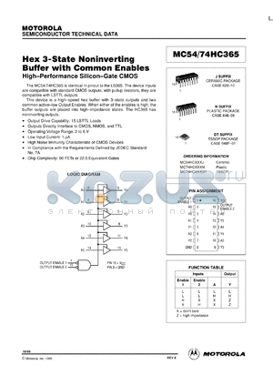 MC74HC365N datasheet - Hex 3-state noninverting buffer with common enables
