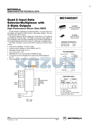 MC74HC257N datasheet - Quad 2-input data selector, multiplexer with 3-state outputs