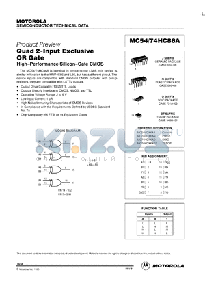 MC54HC86AJ datasheet - Quad 2-input exclusive OR gate