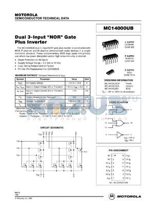 MC14000UBCL datasheet - Dual 3-input NOR gate plus inverter