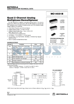 MC14551BCL datasheet - Quad 2-channel analog multiplexer/demultiplexer