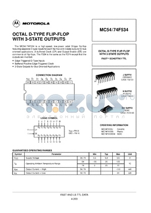 MC54F534J datasheet - Octal D-type flip-flop with 3-state outputs