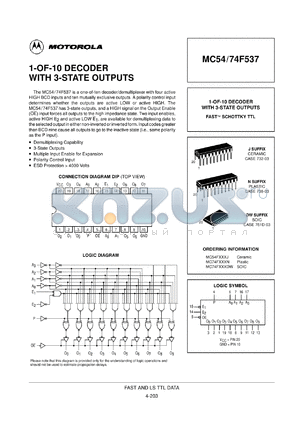 MC54F537J datasheet - 1-of-10 decoder with 3-state outputs