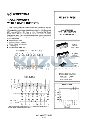 MC54F538J datasheet - 1-of-8 decoder with 3-state outputs
