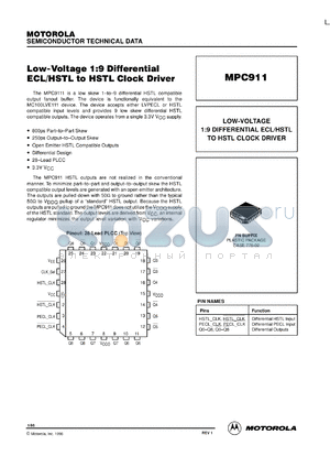 MPC911FN datasheet - Low voltage 1:9 differential ECL/HSTL to HSTL clock driver