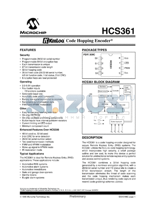 HCS361-/SN datasheet - Keeloq code hopping encoder