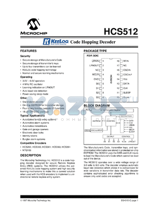 HCS512T-I/SN datasheet - Keeloq code hopping decoder