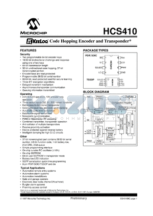 HCS410-/P datasheet - Keeloq code hopping encoder and transponder