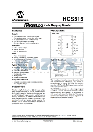 HCS515T-I/P datasheet - Keeloq code hopping decoder