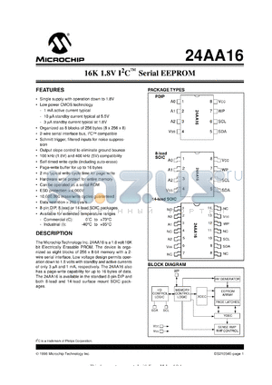 24AA16T-I/SL datasheet - 16K 1.8V I2C EEPROM