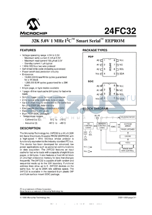 24FC32T-I/P datasheet - 32K 5.0V 1MHz I2C smart EEPROM