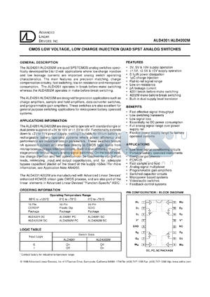 ALD4201SC datasheet - CMOS low voltage,low charge injection SPST analog switche