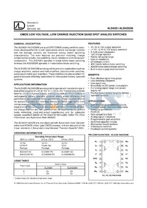 ALD4201PC datasheet - CMOS low voltage,low charge injection SPST analog switche