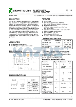SC1117CST-3.3TR datasheet - 3.3V 0.8 AMP positive voltage regulator