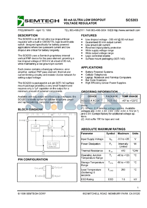 SC5203-4.7CSKTR datasheet - 4.7V 80mA ultra low dropout, low noise micropower linear regulator