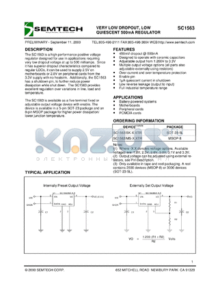 SC1563ISK-2.5TR datasheet - 2.5V very low dropout, low quiescent 500 mA  regulator