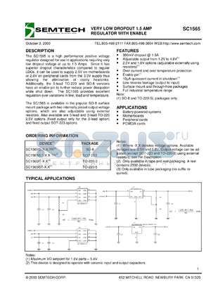 SC1565IST-2.5 datasheet - 2.5V very low dropout 1.5AMP regulator