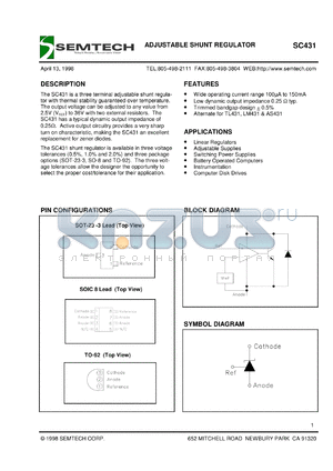 SC431CSK-2TR datasheet - Adjustable shunt regulator