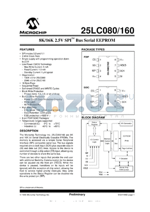 25LC080T-I/P datasheet - 8K,16K 2.5V SPI bus EEPROM