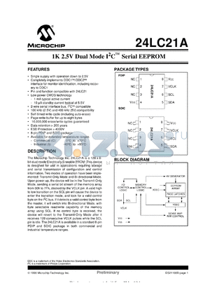 24LC21A-/P datasheet - 1K 2.5V dual mode I2C EEPROM