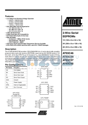 AT93C57W-10SC-2.7 datasheet - 3-wire serial EEPROM 2K(256 x 8 or 128 x 16)