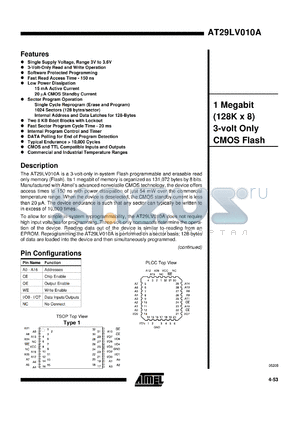 AT29LV010A-2JC datasheet - 1 Megabit (128K x 8) 3-volt only CMOS flash