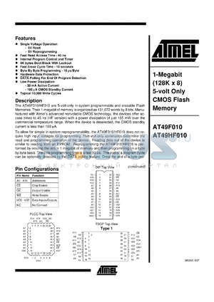 AT49HF010-70JI datasheet - 1-Megabit (128K x 8) 5-volt only CMOS flash memory, 40mA active, 0.3mA standby