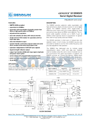 GS9025-CTM datasheet - GENLINX II serial digital receiver