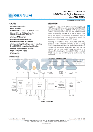 GS1501-CQR datasheet - HD-LINX HDTV serial digital formatter with ANC FIFOs