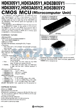 HD63A05Y2P datasheet - 1.5MHz CMOS MCU (microcontroller unit), no internal ROM