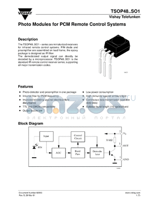 TSOP4838SO1 datasheet - Photo module for PCM remote control systems, 38kHz