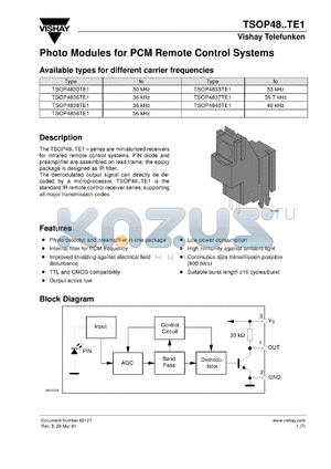 TSOP4840TE1 datasheet - Photo module for PCM remote control systems, 40kHz
